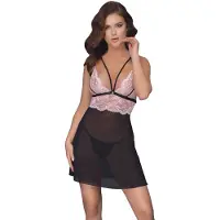 Cottelli collection Babydoll with Lace & Straps - Black/Pink
