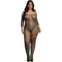 Shots Grøn, Langærmet Bodystocking med Blonder - Plus size