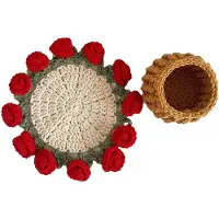 Melitt Rose Bouquet Coaster Crochet Flower Placemat Hand Woven Bouquet Cupmat Home Desktop Potted Plant Ornaments with Basket A