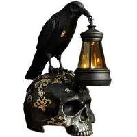Melitt Halloween Gothic Darkness Crow Lamp Resin Crow Skull Sculpture Night Light for Halloween Decorations B