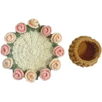 Melitt Rose Bouquet Coaster Crochet Flower Placemat Hand Woven Bouquet Cupmat Home Desktop Potted Plant Ornaments with Basket C