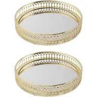 Melitt 2X Golden Iron Jewelry Storage Tray Glass Mirror Makeup Manager Desktop Cosmetic Dessert Decorative Display Tray 17.5cm