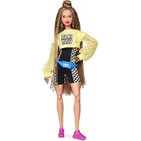 Barbie BMR1959 Fuldt positiv mode -dukke med flettet hår iført cykelshorts Romper og beskåret sweatshirt med tilbehør og dukkestand