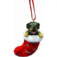 ANIMAUX Rottweiler julestrømpe ornament med " Julemandens små venner " håndmalet og syet detalje