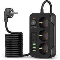 Tech-Protect Power Strip PC3X6 3 Sockets 240V + 3xUSB-A + 3xUSB-C 200cm - Black