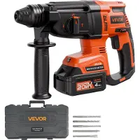 Vevor 20V børsteløs batteridrevet slagboremaskine, litium-ion 1,1 tommer borehammer, SDS-Plus elektrisk letvægtsværktøjssæt med batteri og oplader, 4 funktioner, 1200 o/min, 5300 slag i minuttet