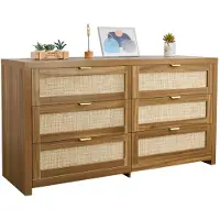 Vevor Rattan Kommode med 6 skuffer, Dobbelt Kommode til Soveværelse, Naturlig Rattan Kommode med Metalhåndtag, Moderne Trækommode Tøjorganisator og Opbevaring til Soveværelse, Stue, Entre, Valnød