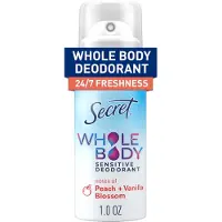 Secret Hele Kropp Deodorant Spray til Kvinder, Rejse Størrelse, Peach & Vanilla Blossom Duft, Aluminiumsfri