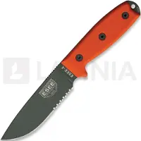ESEE Model 4, serrated, orange G10, black plastic sheath, nylon sheath