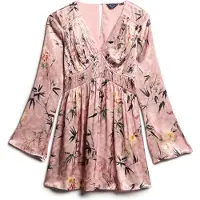 Superdry Superdrytil kvinder. W8011795A Lyserød mini-kjole med blomstermønster i jacquard (M), Party, Pink, Viscose, Lange ærmer