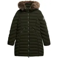 Superdry Superdrytil kvinder. W5011789A Fuji mellemlang frakke med hætte og imiteret pelskant, grøn (S), Casual, Genanvendt polister, Bæredygtig
