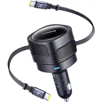 Baseus Enjoyment Max biloplader - 60W dobbelt USB-C indtrækkelige kabler, drejeligt design - sort
