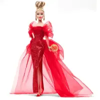 Barbie -signaturdukke Mattel 80-rs jubilumssamlerobjekt i glitrende rd tylkjole med drbereringe og gennemsigtige handsker Blondt hr