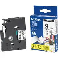Brother 9mm tape, sort tekst på hvid bund, lamineret, stærk lim, 8m TZE221 Modsvarer: N/A
