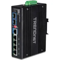 Trendnet TI-UPG62 - Switch - ikke administreret - 4 x 10/100/1000 (PoE+) + 2 x Gigabit SFP - DIN monterbar på skinne, væg-monterbar - PoE+ (240 W) - DC strøm - TAA-kompatibel