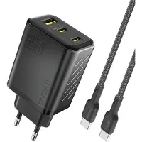 Dudao 65W GaN vægoplader med USB-C-, USB-A- og USB-C-kabel - Sort