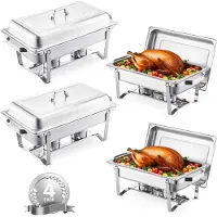 Vevor Varmeplade Buffetsæt, 8 Qt 4-pak, Rustfrit Stål Varmeplade med 4 Fuld Størrelse Pander, Rektangulær Catering Varmeplade med Låg Vandpandeholder Brændstofholder, Til Bryllupper, Fester, Banketter