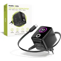 Mobile Origin 65W GaN Display Charger PW3 - USB-C Self-Retracting Cable + USB-C + USB-A