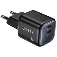 UNITEK 2x GAN 45W mains charger, 2x USB-C PD, QC