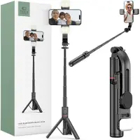 Tech-Protect L05S Bluetooth Selfie Stick med stativ op til 105 cm med LED-lys - Sort