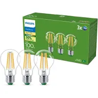 Philips LED pære Ultra Efficient A60 7,3W/827 (100W) Klar 3-pak E27