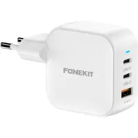 FoneKit GaN PD 70W AC-strømadapter, USB-C + USB-C + USB-A, hvid