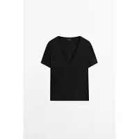 Massimo Dutti - Female - Top I 100% Bomuld Med V-Udskæring - Sort - L