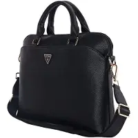 GUESS Grained Zipper Pocket Triangle Logo 15" Laptop Bag - Sort