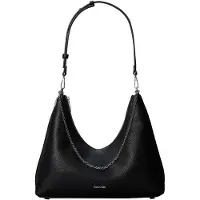 Calvin Klein Skuldertaske 'Chain Strap Pebble Grain Hobo' sort / sølv