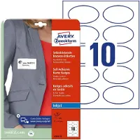 Avery Zweckform Navneskilte 85x50 mm, ovale, hvid, klæber på tøj, til inkjet-printere - (20 ark x 10 stk.)