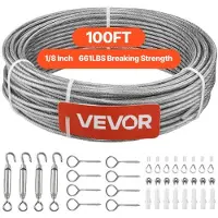 Vevor 3,2 mm stålwiresæt, 30,5 m længde, 304 rustfrit stålwire, 2,9 kN brudstyrke, 7 x 7 tråde konstruktion, stålwire til terrassegelændersystem, haveespalier, lyskæder