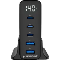 Gembird USB-oplader - 5-ports 140 W GaN USB hurtigoplader, sort