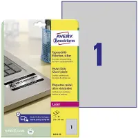 Avery Etiketter 210x297 mm (A4) sølv, polyester, slidstærke og stilfulde til laserprinter - (20 ark)