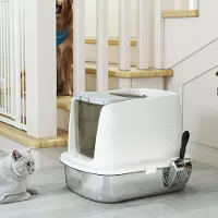 PawHut Lukket kattetoilet i rustfrit stål / hygiejnisk kattebakke med låg, skovl og lugtpose