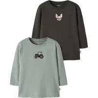 Name it Bluser - 2-pak - NmmLance - Green Milieu/Peat m. Broderi - - 3 år (98) - Bluse