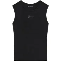 GUESS Guesstil kvinder. W6YP17K3881 Sort top med sten-logo (XS), Casual, Modal, Uden ærmer/stropper