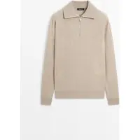 Massimo Dutti - Male - Striktrøje Med Lynlås Og Høj Hals - Sandfarvet - M