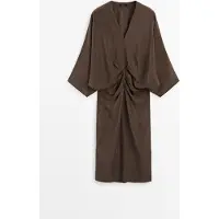 Massimo Dutti - Female - Midikjole Med Blødt Fald Og Rynket Bælte - Chokolade - 38