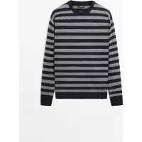 Massimo Dutti - Male - Stribet Striktrøje I Bomuldsblanding - Marineblå - L