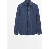 Massimo Dutti - Male - Regular Fit Skjorte Med Delave-Striber I 100 % Hør - Marineblå - S