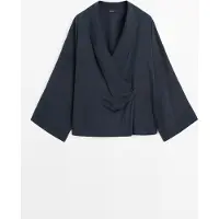 Massimo Dutti - Female - Loose Fit Slå-Om-Bluse Med Rynkedetalje - Marineblå - M