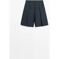 Massimo Dutti - Female - Bermudashorts Med Læg I Hør - Blå - 42