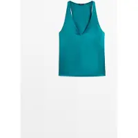 Massimo Dutti - Female - Top I Hørblanding Med Satinlook Og V-Udskæring - Turkisblå - L