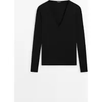 Massimo Dutti - Female - Langærmet T-Shirt Med V-Hals - Sort - M
