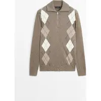 Massimo Dutti - Male - Striktrøje Med Lynlås Og Rombemønster - Kaki - M