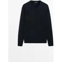 Massimo Dutti - Male - Striktrøje I Bomuldsblanding Med V-Udskæring - Marineblå - M