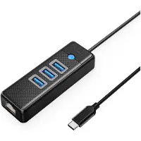 ORICO PW3UR25-C3 USB-hub med 4 porte: 3 x USB-A 3.0 og 1 x RJ45 2,5G Ethernet, 0,15 m – sort