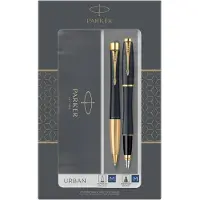 Parker Urban dobbelt gavesæt med kuglepen og fyldepen, matsort med detaljer i guld, patron med blå blæk og patron, dobbelt sæt