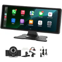 Vevor trådløs bilstereo, 254 mm HD bærbar radio med touchskærm med Apple CarPlay og Android Auto, CarPlay-skærm med front- og bakkameraer, stemmestyring, spejllink, Bluetooth, GPS-navigation