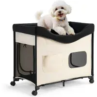 Vevor Elevated Lounge Pet Bed, Foldbar Køjeseng til Hund med 600D Oxford-stof og hollandsk fløjl, Bærbar Hævet Tremmeseng med Hjul, Sideopbevaringsposer og Bæretaske til Katte og Hunde, XL, Beige